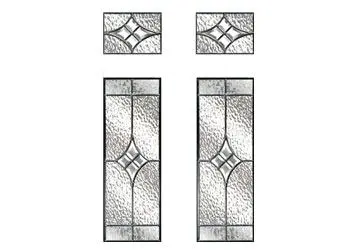 Stained glass panel designs featuring geometric patterns in silver and clear glass.
