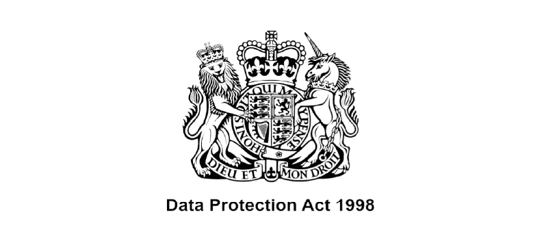 Coat of arms featuring a lion and unicorn with the text "Data Protection Act 1998" below.