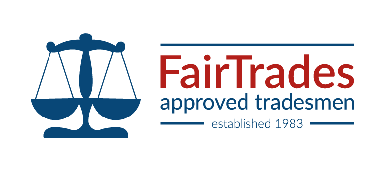 Scales symbolizing justice with text: "FairTrades approved tradesmen established 1983"