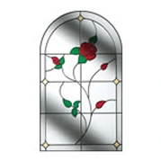 Stained glass window featuring a red rose and green leaves within an arched frame.