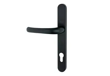 Black door handle with a vertical plate and a keyhole.