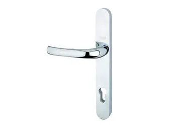 Chrome door handle attached to a rectangular plate with a keyhole.