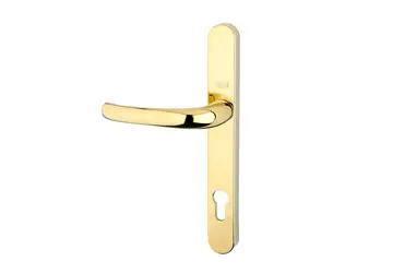 Gold door handle with a curved lever and keyhole on a rectangular plate.