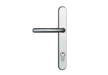 Silver door handle with a horizontal lever and keyhole on the plate.