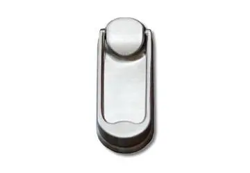 Metal paper clip with a rounded top and a flat body.