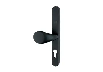 Black door handle with a lever and a keyhole on a rectangular plate.