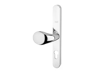 Chrome door handle with a rounded knob attached to a rectangular plate featuring a keyhole.