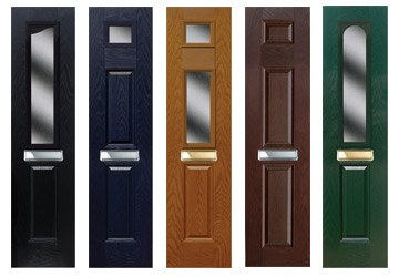 Five entrance doors in various colors: black, dark blue, orange, brown, and green, each with a mail slot and window.