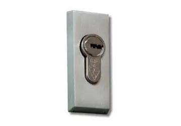 Metal door lock with a keyhole mounted on a rectangular metal plate.