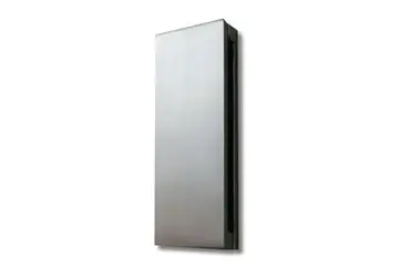 Stainless steel vertical wall-mounted hand dryer.